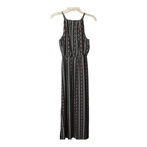Maxi dress empire elastic waist drawstring tie neck slip-on vertical print sz Sm - Picture 6 of 16